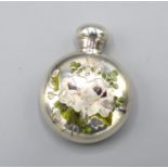 A Victorian Silver and Enamel Decorated Small Circular Scent Bottle, the front decorated in