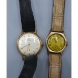 A 9ct. Gold Cased Wrist Watch by Cyma and another similar 9ct. gold cased wrist watch