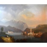19th Century Continental School 'Lake Scene with Figures in the Foreground and Mountains Beyond' oil
