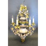 A French Painted Metal Electrolier with six branches and with foliate surmount, 90 cms tall