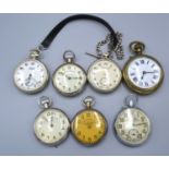 A Silver Plated Pocket Watch, the dial inscribed Railway Time Keeper together with six other similar