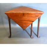 A 19th Century Mahogany Card Table of Triangular Form, the hinged top above a drop flap raised