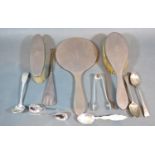 A Silver Backed Four Piece Dressing Table Set together with a pair of silver sugar tongs and six