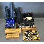 A Collection of Music Stands, various cases to include a saxophone hard case and various clarinet