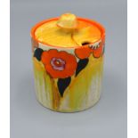 A Clarice Cliff Bizarre Pattern Preserve Pot and Cover decorated with flowers upon a mottled ground,