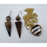 A Pair of Agate Drop Earrings of conical form together with an agate and gilt metal mounted locket