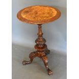 A Victorian burr walnut occasional table, the top with carved border above a turned centre column