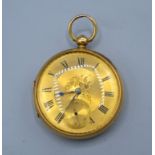 An 18ct gold pocket watch, the engraved dial with Roman numerls and susidiary seconds dial, 127g all