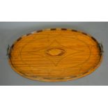 A late 19th century satinwood shell and line inlaid galleried tray with brass end handles, 41cms x