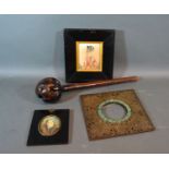 A brass picture frame of square form, together with two portrait miniatures and knob kerrie