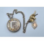 A Chester silver cased pocket watch, the engraved dial with gold mounts and with silver cur link