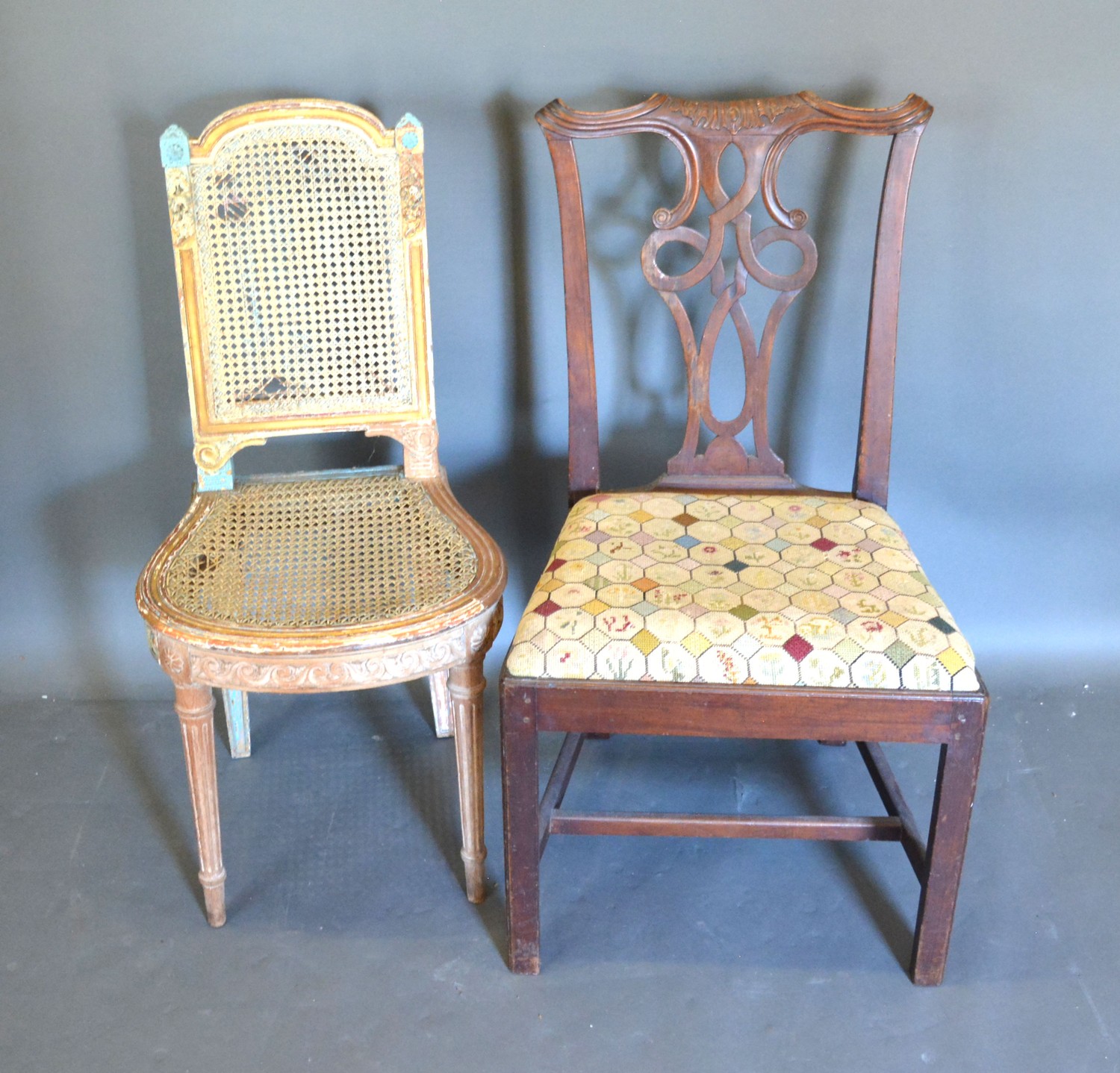 A set of four Edwardian inlaid drawing room chairs together with a harlequin set of seven - Image 3 of 3