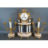 A French white marble and gilt metal mounted clock garniture, the clock with enamel dial with two