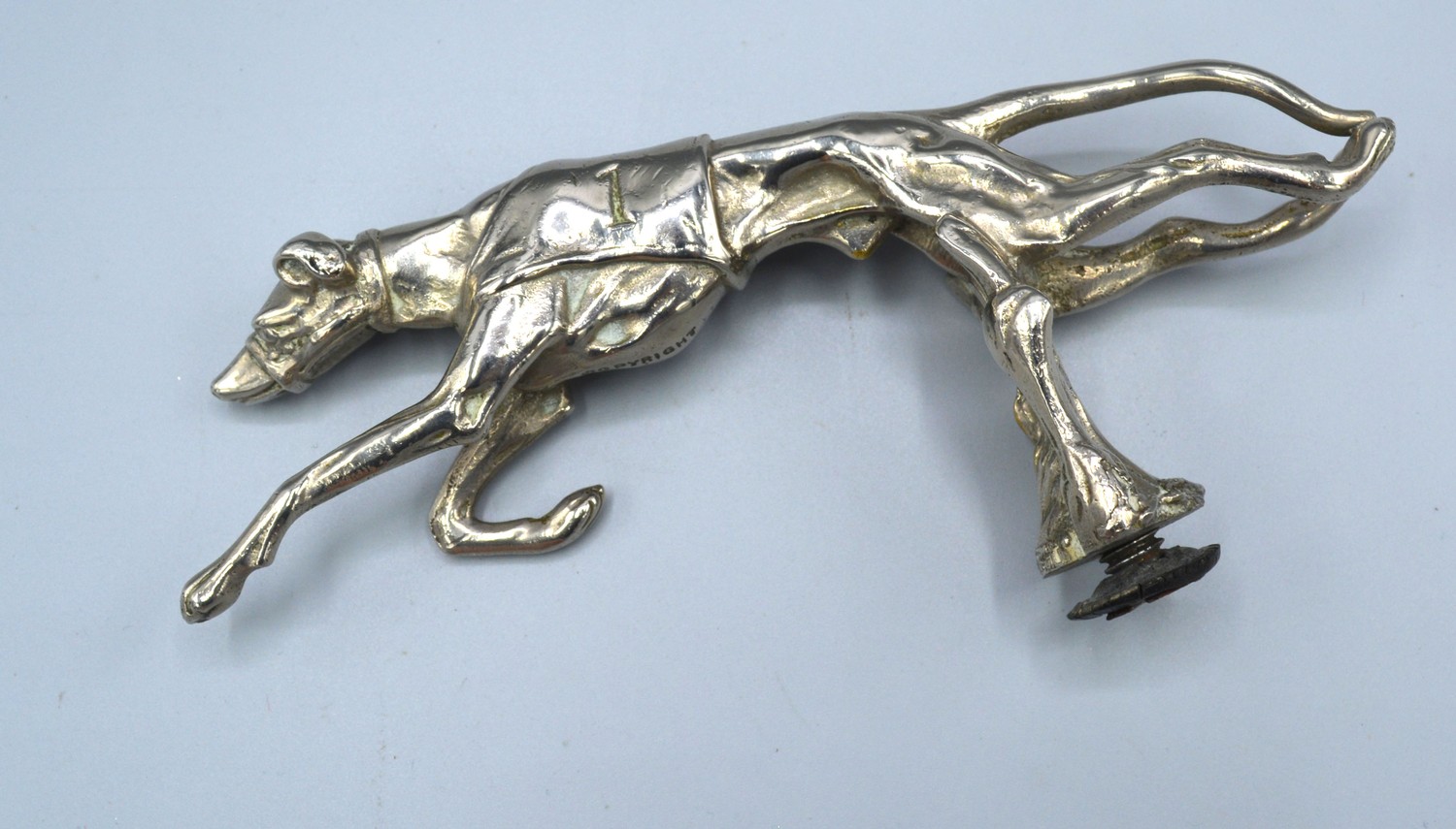 A Desmo Silver Plated Car Mascot in the form of a Greyhound Number 1 15 cms long