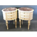 A Pair of French style oval bedside chests each with with variegated marble tops above three drawers