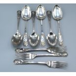 A set of six Sheffield silver dessert spoons together with three matching forks, 14oz