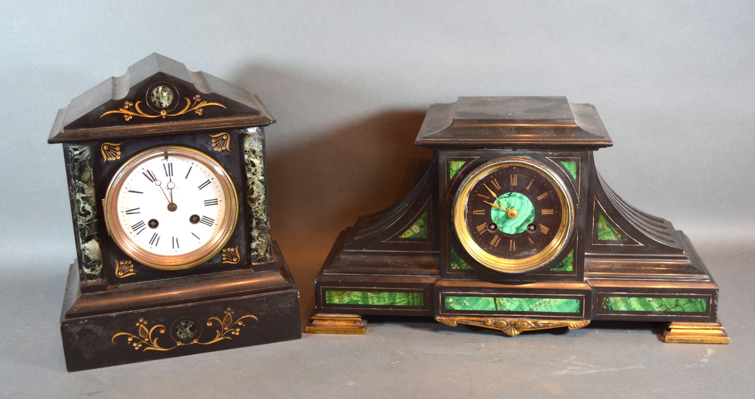 A Victorian black slate and Malachite mantel clock together with another similar black slate