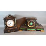 A Victorian black slate and Malachite mantel clock together with another similar black slate