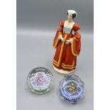 A pair of millefiori glass paperweights together with a Sitzendorf figure in the form of Anne Of