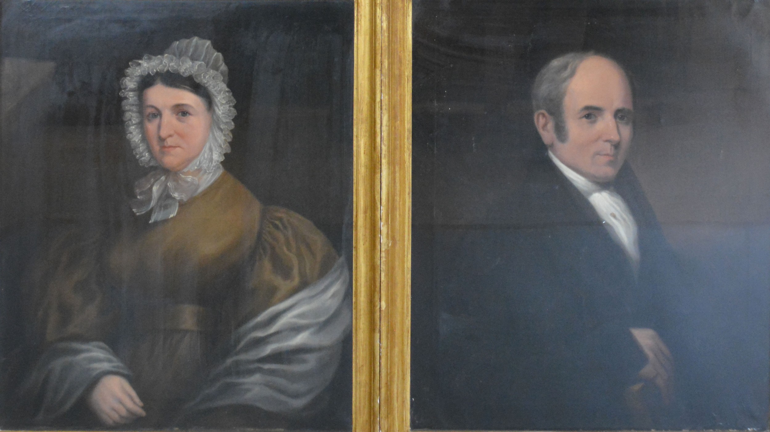 19th century English school, portraits of a lady and gentleman in period dress, a pair of oils on