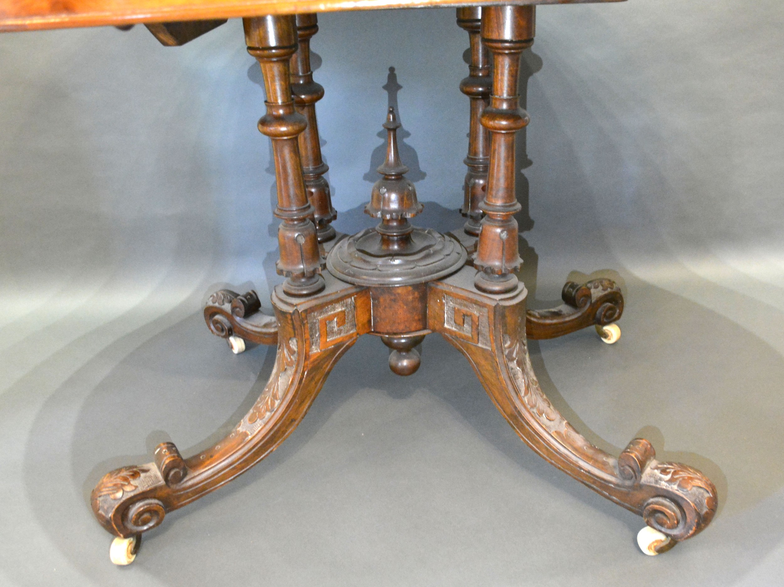 A Victorian burr walnut and marquetry inlaid centre table, the moulded top above a quadruple - Image 3 of 3