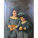 J. Proschwitzky, portrait of two young girls wearing blue dresses and bonnets with lace collars, oil