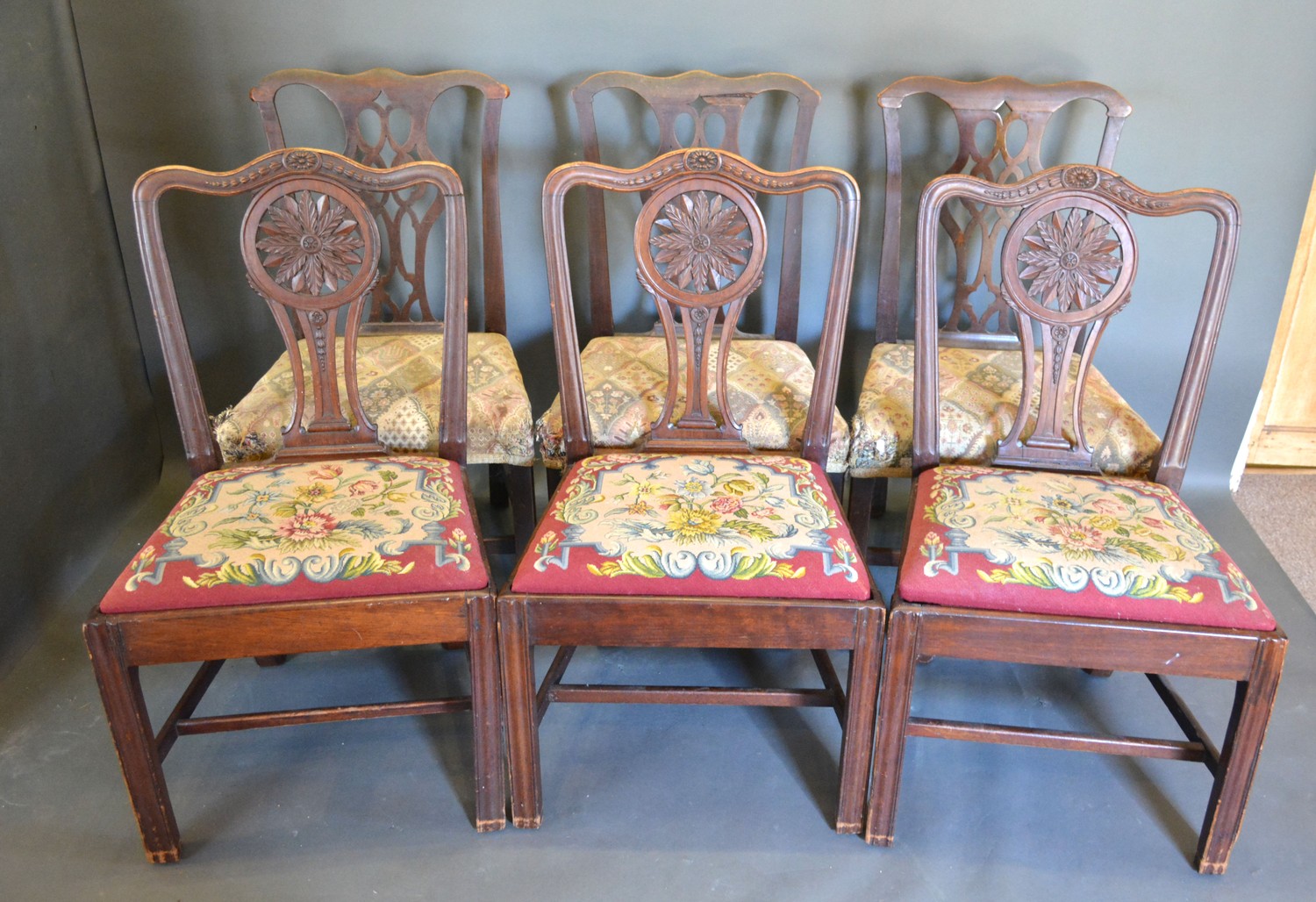 A set of four Edwardian inlaid drawing room chairs together with a harlequin set of seven - Image 2 of 3