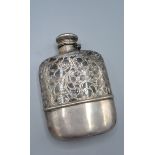 A Sterling silver and glass hip flask with leather case