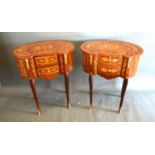 A pair of French style Marquetry inlaid and gilt metal mounted kidney shaped side tables, each