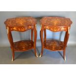 A pair of French style gilt metal mounted two tier occasional tables, each with a shaped top above a