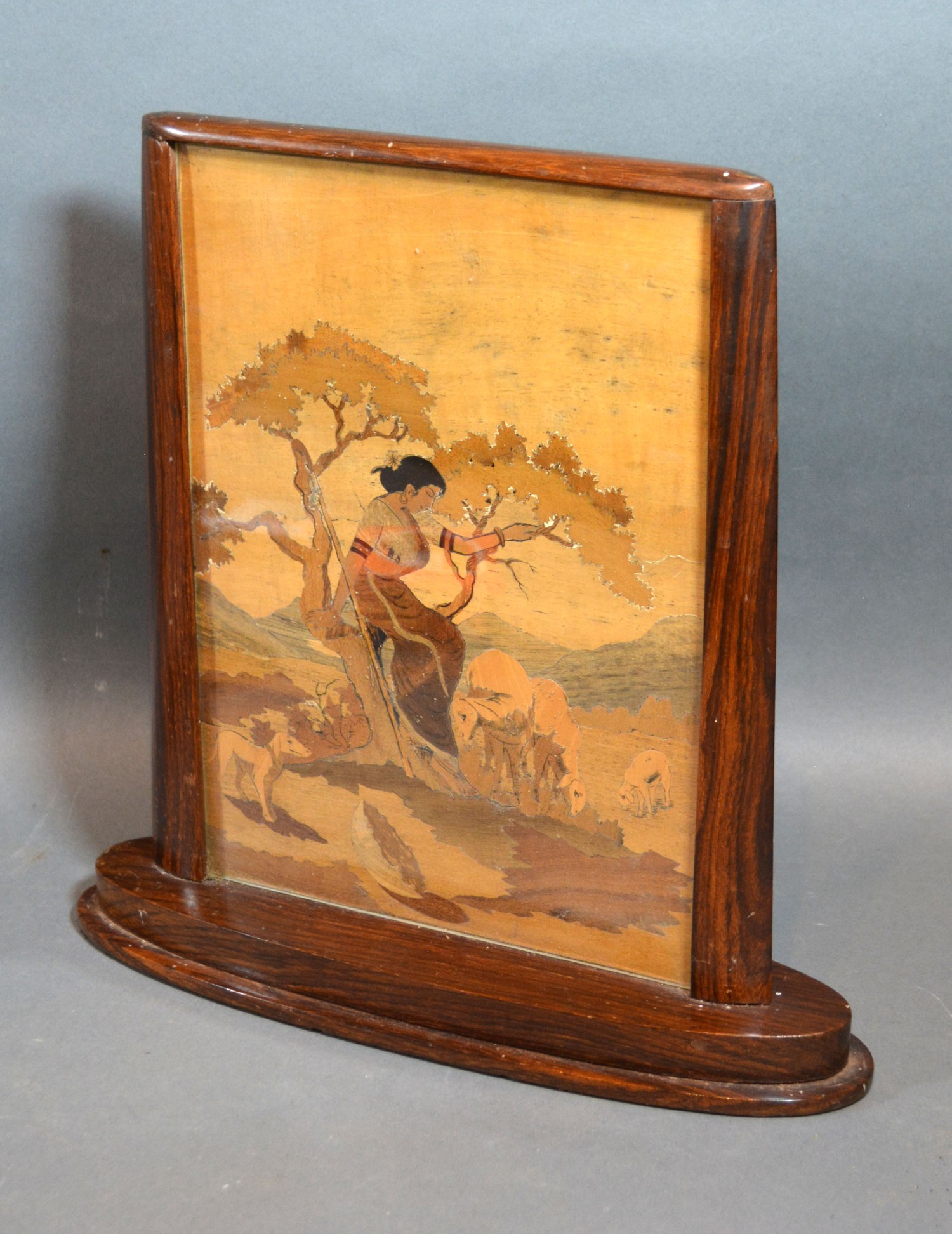 An Art Deco Rosewood Table Screen with marquetry inlaid panel depicting a lady with sheep within a - Image 2 of 2