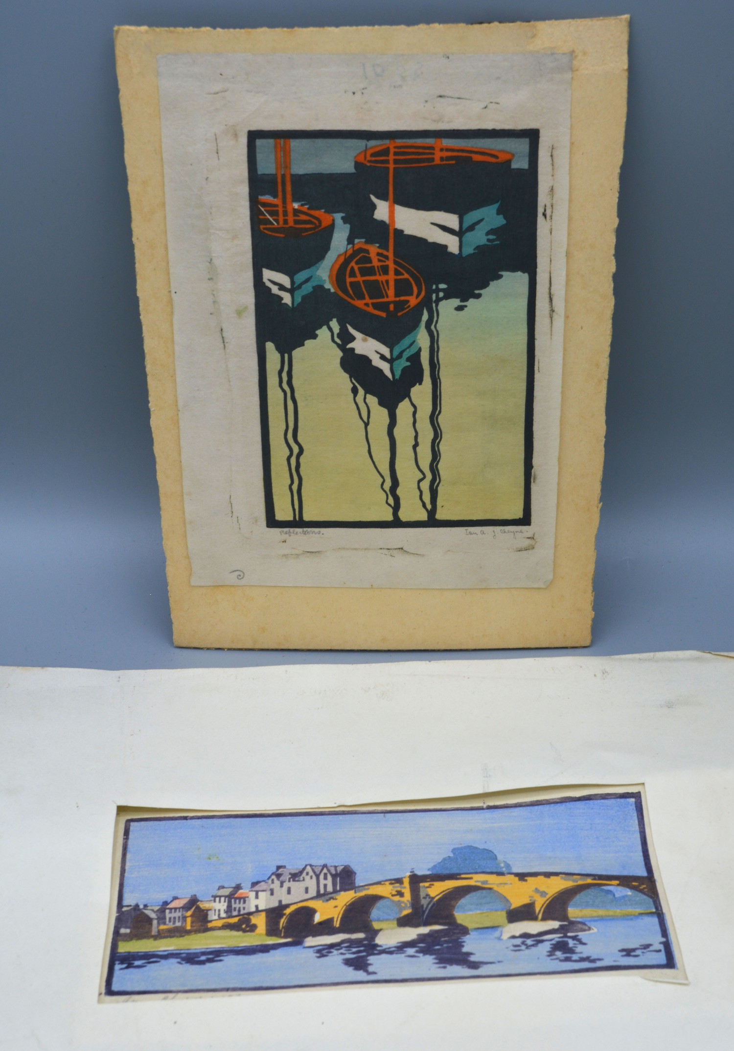 Ian Cheyne " Reflections" coloured wood block 20cm x 14cm together with another similar depicting