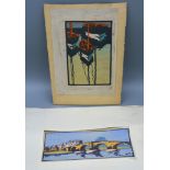 Ian Cheyne " Reflections" coloured wood block 20cm x 14cm together with another similar depicting