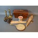 A 19th century mahogany tea caddy together with a 19th century fan and other items