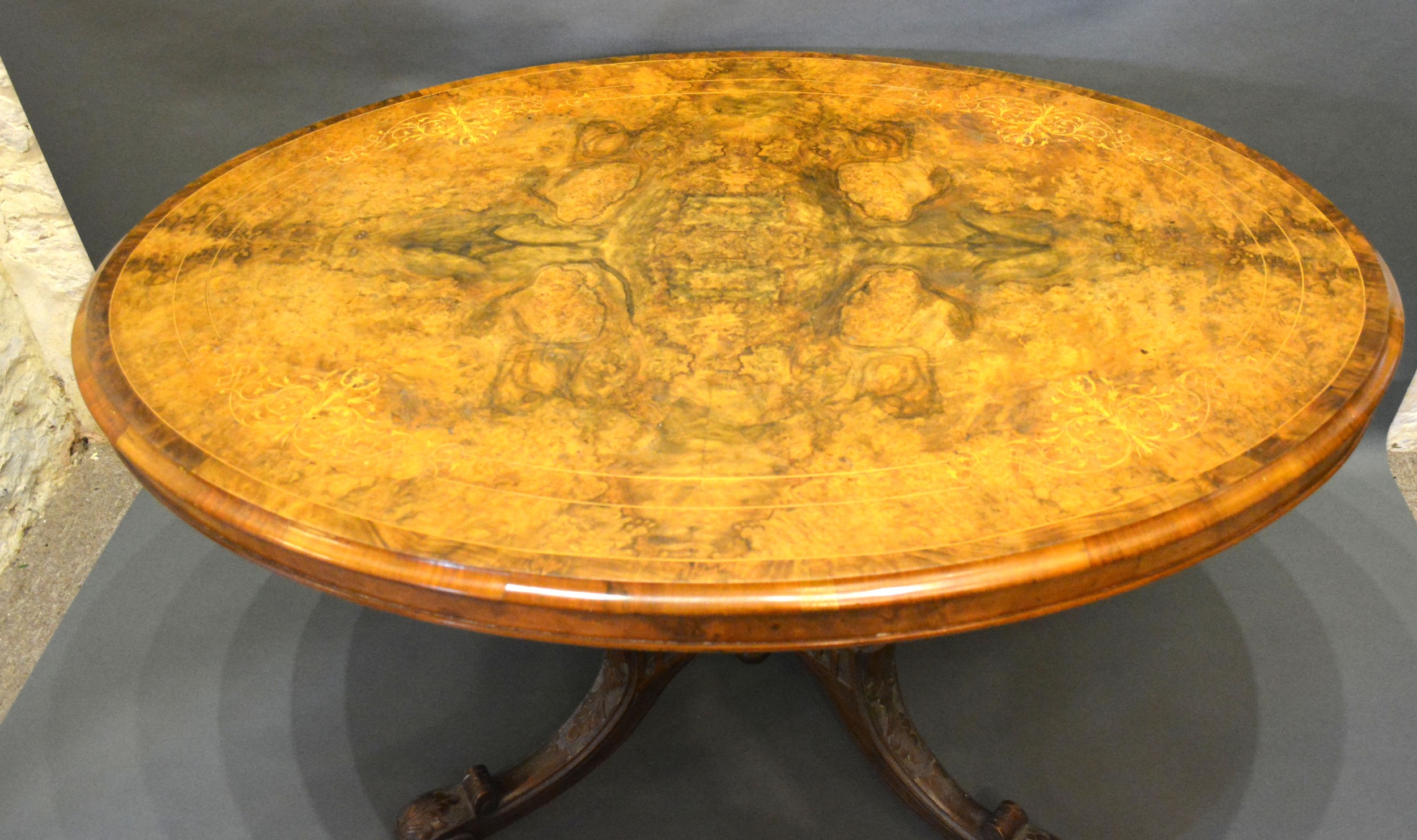 A Victorian burr walnut and marquetry inlaid centre table, the moulded top above a quadruple - Image 2 of 3