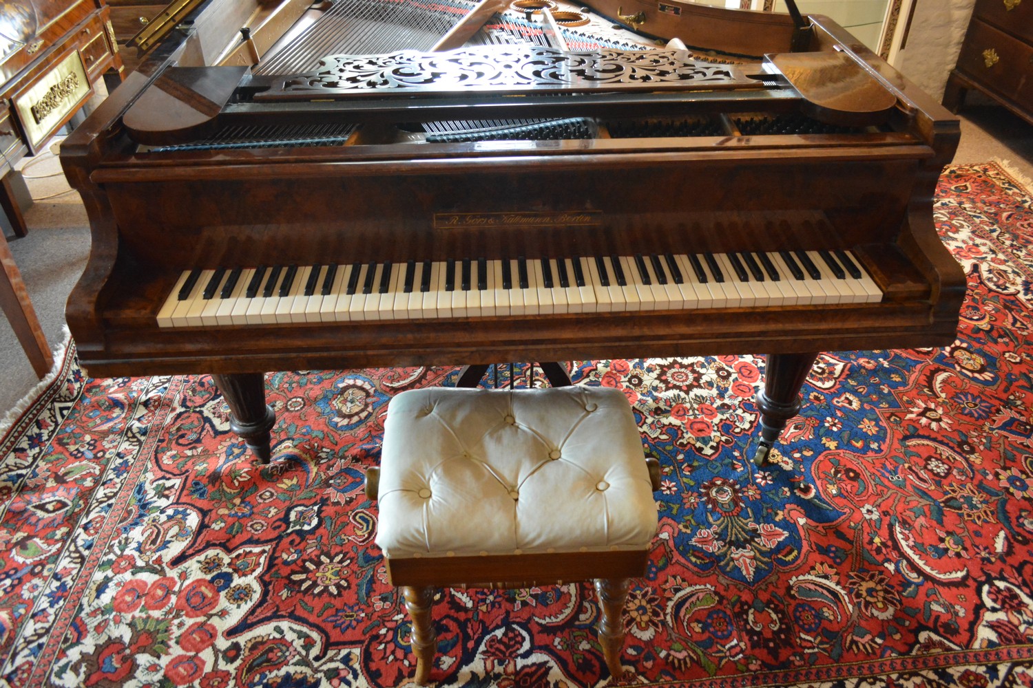 A Burr Walnut Cased Grand Piano by R Gors and Kallmann, Berlin together with a piano stool - Image 2 of 3