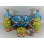A Collection of Cloisonne to include a pair of vases with a matching bowl