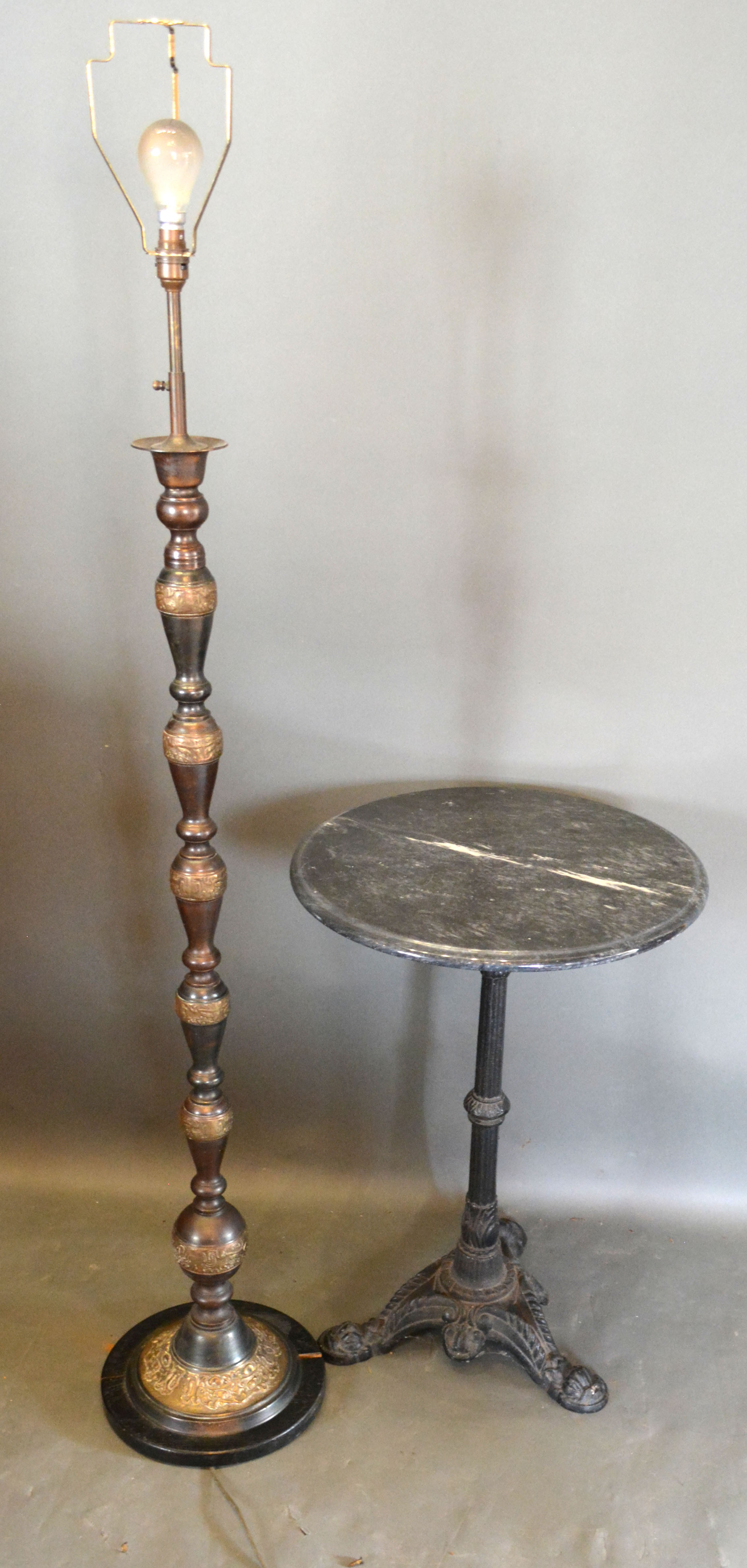 A Painted metal occasional Table, the variegated circular marble top above a tripod base, 50 cms