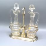 An 800 Mark Silver and Cut Glass Vinegar and Oil Stand with Glass Bottles, 21 cms tall