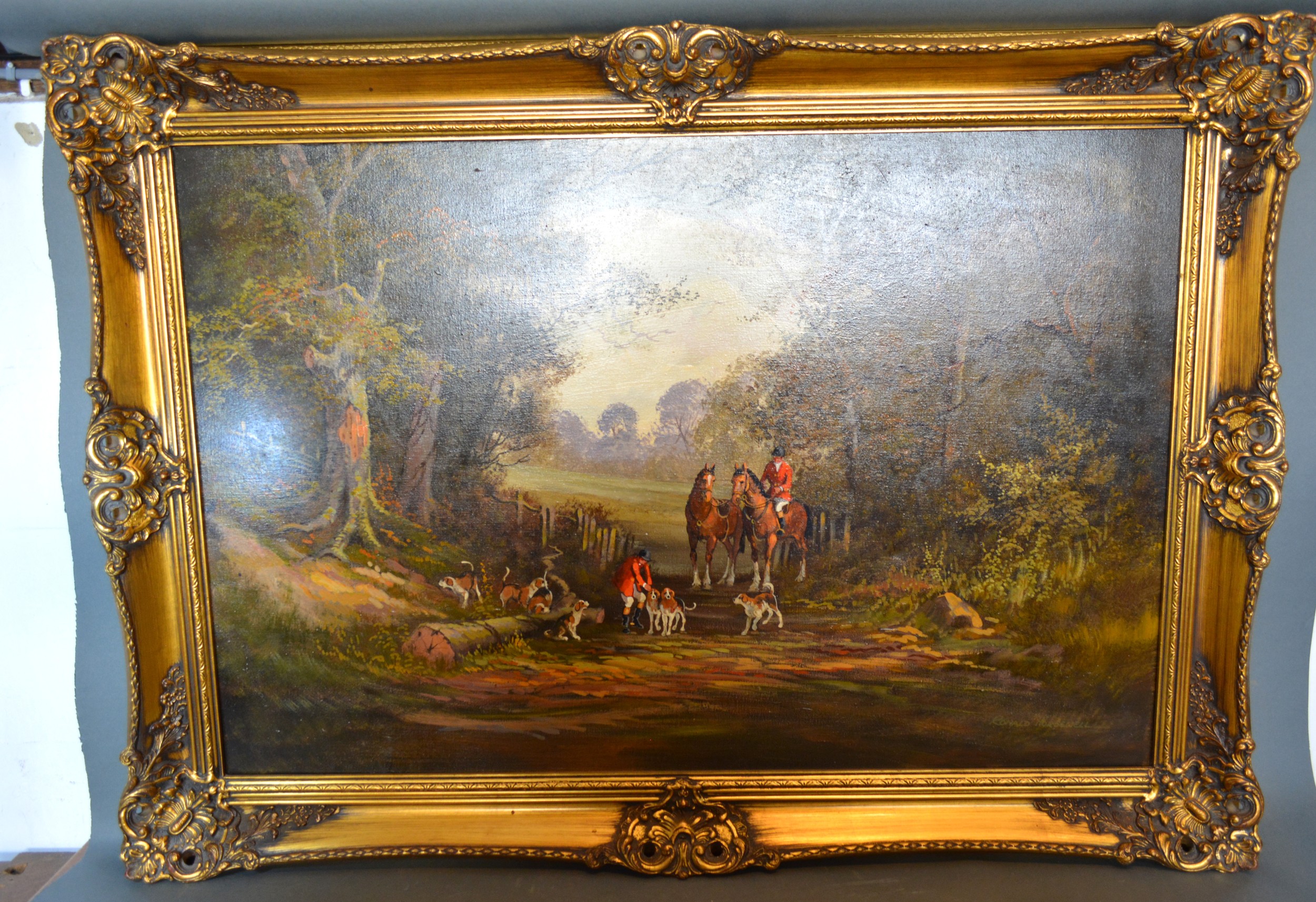 Ronald Horsewell Hunting Scene within a Rural Setting, oil on canvas, signed, 60 x 90 cms together - Image 2 of 3