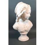A plaster bust in the form of a girl wearing a bonnet 45cm tall