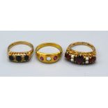 A 9ct. Gold Dress Ring set three garnets interspaced with pearls, ring size M, 3.4 gms. together