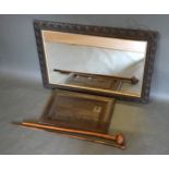 An Oak Rectangular Frame Wall Mirror together with an oak plaque and two walking sticks
