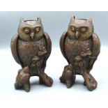 A Pair of 19th Century Patinated Bronze Vases in the form of owls upon a branch with bird at foot,