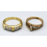 A 9ct. Gold Ring set with two rows of diamonds, ring size O, 4 gms. together with another similar