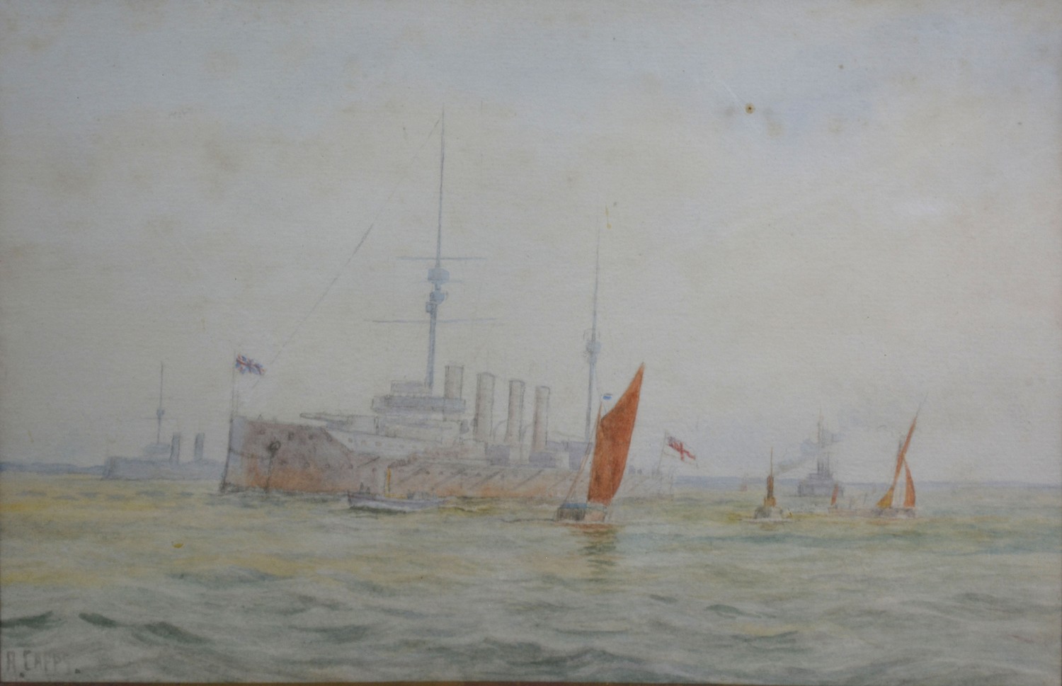 H. Capps Battleship and Sailing Vessels at Sea, watercolour, signed, 19 x 27 cms