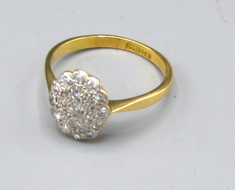 An 18ct. Gold and Platinum Diamond Set Cluster Ring of oval form, ring size M, 2.6 gms.