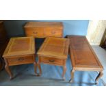 A Pair of Chinese Hardwood Low Tables together with a matching two drawer side table and a