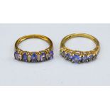 A 9ct. Gold Band Ring set five tanzanite interspaced with diamonds within a pierced setting, ring