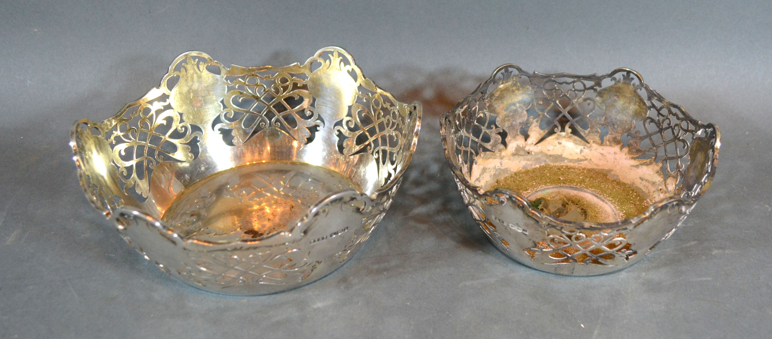 A Sheffield Silver Bon Bon Dish of pierced shaped form together with a matching similar smaller,